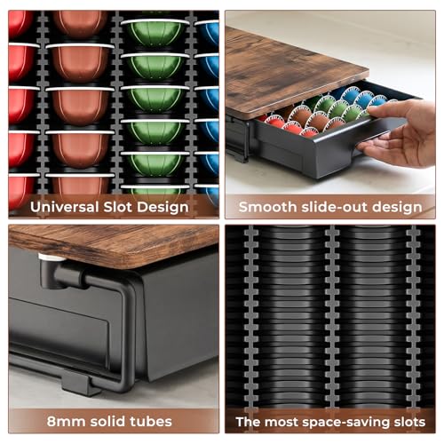 EVERIE Wooden Coffee Pod Drawer for Nespresso Vertuo Capsules - Holds 40 Large or 52 Small Pods, Rustic Brown