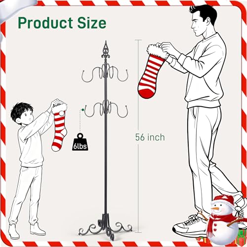 56-Inch Black Metal Christmas Stocking Holder Stand with 8 Adjustable Hooks