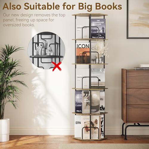 Brown 5-Tier Rotating Hexagonal Corner Bookcase - 360° Spinning Storage Tower