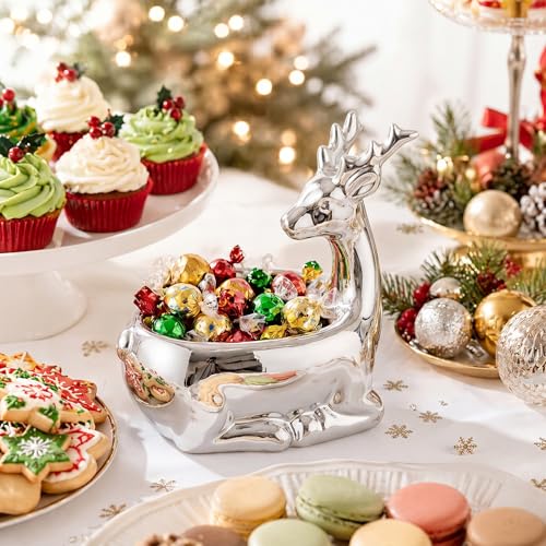 SiliFine Christmas Silver Reindeer Ceramic Candy Bowl - Holiday Table Decor