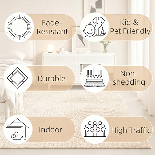Light Brown 5x7 ft Washable Indoor Rug - Modern Geometric High-Low Pattern for Living Room or Bedroom - Non-Slip Home Decor