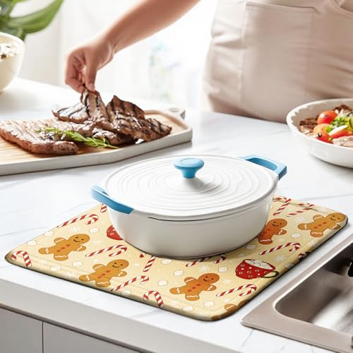 Christmas Drying Mat for Kitchen Counter 16" X 18" Gingerbread Dish Drying Mat for Kitchen Decor Xmas Drying Mats For Home Counter Drying Mats For Dishes Dish Mat Drying Mat