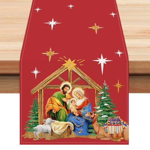 Bonhause 13x72 Inch Jesus Nativity Table Runner, Red Christmas Indoor/Outdoor Decor