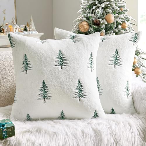 MIULEE 18x18 Inch Faux Fur Pillow Covers Set of 2 White Green Embroidered Christmas Tree