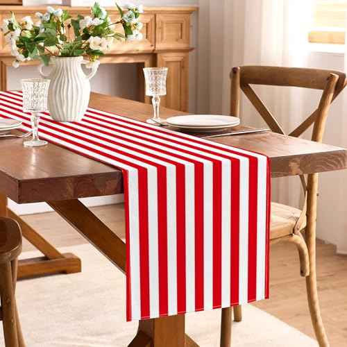 Red and White Striped Table Runner Circus Carnival Theme Party Decoration Read Across American Dining Room Home Kitchen Table Decor (13" x 72")