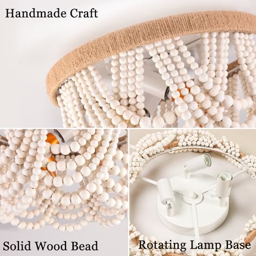Capslpad White Beaded Flush Mount Ceiling Light Antique Rustic Mini Chandelier 3-Light