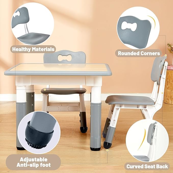 FUNLIO Adjustable Kids Chair Set Grey 2pcs - Height-Adjustable Toddler Seating for Ages 3-8, Sturdy Child Chairs with 220lbs Capacity