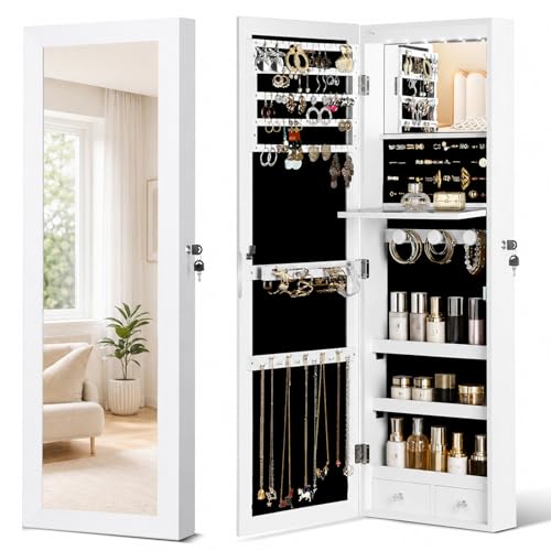 Over the Door Jewelry Organizer with Mirror & LED Lights - White