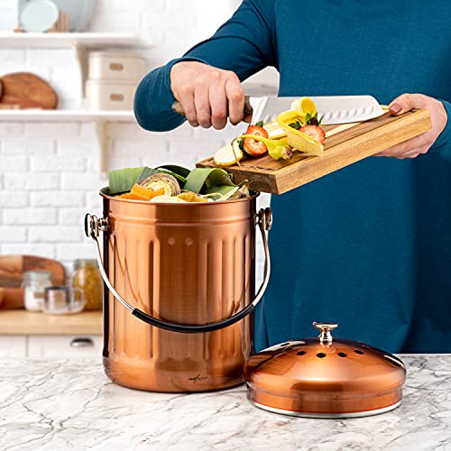 Stainless Steel Compost Bin for Kitchen Countertop - Premium 1.3 Gallon with Dual Filter - Matt Copper