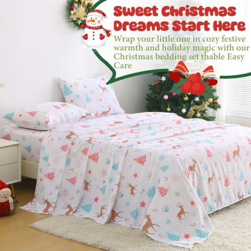 Kids Full Size Christmas Sheet Set White with Reindeer & Trees, Holiday Bedding