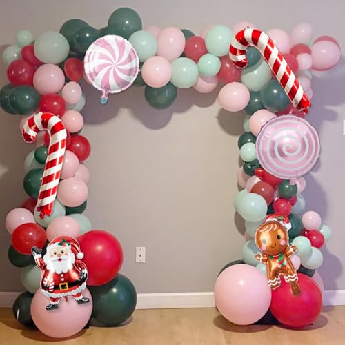 Togvu Christmas Balloon Garland Kit - Red Pink Green Candy Cane Foil Balloons, 128 Latex Balloons & 6 Foil Balloons