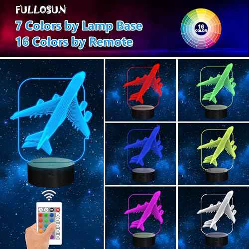 Aircraft Airplane 3D Night Light Kids Bedside Lamp 16 Colors Changing with Remote Control Xmas Halloween Birthday Gift for Child Baby Boy