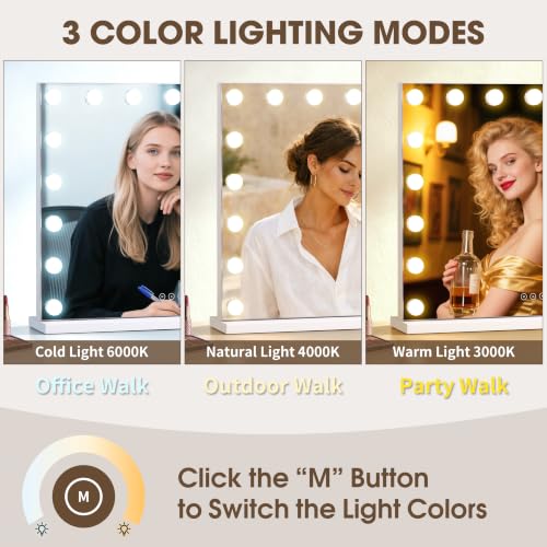 Vanity Makeup Mirror with Lights, 17 Dimmable LED Bulbs, 3 Color Modes, 10X Magnification, Touch Control, White - 23.6"L x 20.5"W