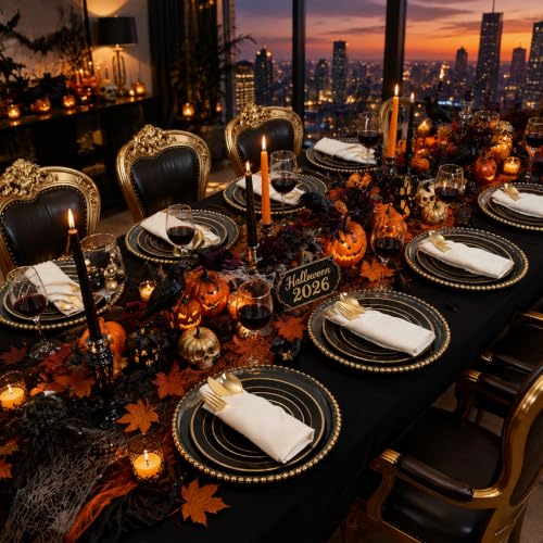 Black & Gold 200PCS Heavy Duty Plastic Plates - Disposable for Wedding, Party, Halloween (Black & Gold, 100 Dinner + 100 Dessert Plates) - WDF