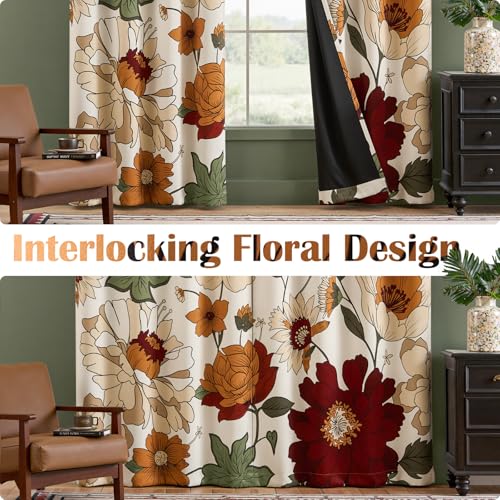 Boho Floral Blackout Curtains 84 Inch Grommet 4 Panels - Orange / Red / 50"W x 84"L