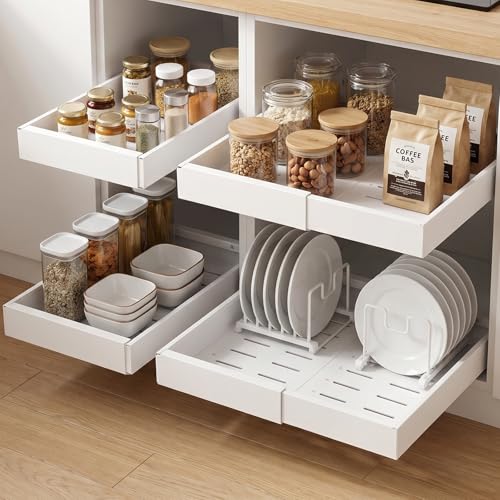 White Expandable Pull Out Cabinet Organizer - Adjustable Width 12.4-20.27 Inches, 4 Pack