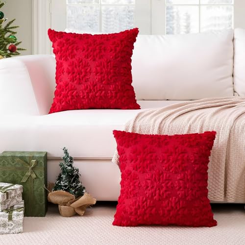 OTOSTAR Set of 2 Red Snowflake Xmas Plush Velvet Throw Pillow Covers 20x20 Inch