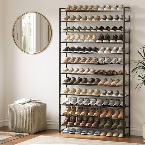 Black 12-Tier Shoe Rack Organizer for Closet and Entryway, Holds 75 Pairs
