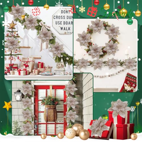 Christmas Flowers, Tree Flowers 20pcs Glitter Poinsettia Champagne