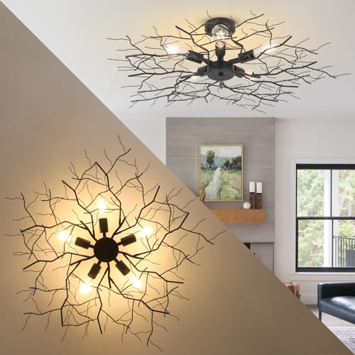 Large Semi Flush Mount Ceiling Light Fixture - Modern Black Chandelier with Branch Design, 5 Lights for Living Room and Kitchen