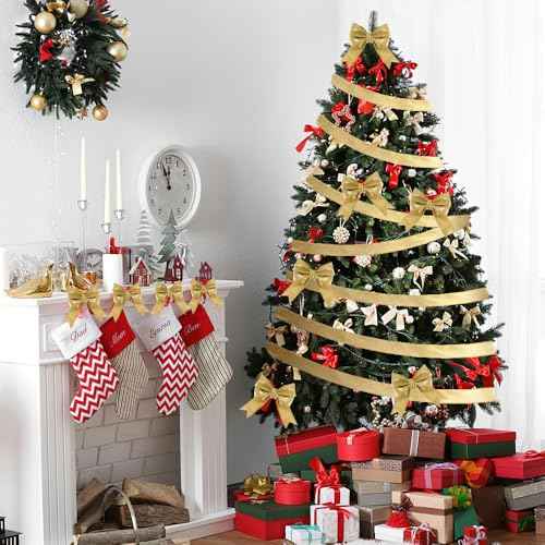 Gold Ribbon for Christmas Tree Glitter Gold Ribbon Garland Golden Christmas Ribbons Wired 1 1/2 Inch 10 Yards Thick Wired Golden Ribbons for Tree Gift Wrapping Party Decorations