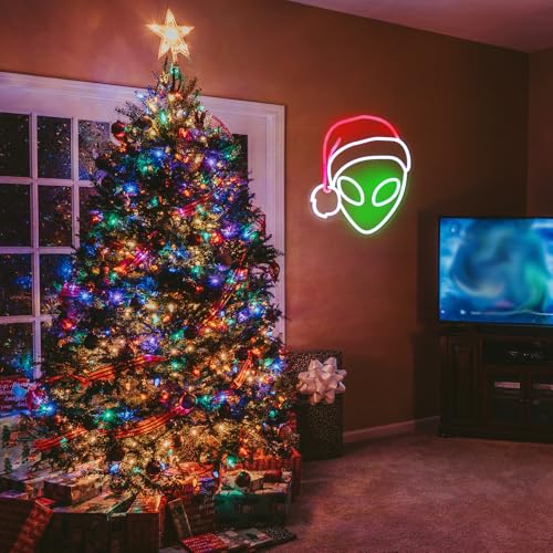 CKTBLEY Christmas Alien Neon Sign with Santa Hat (Red, Green, White) USB LED for Bedroom Decor