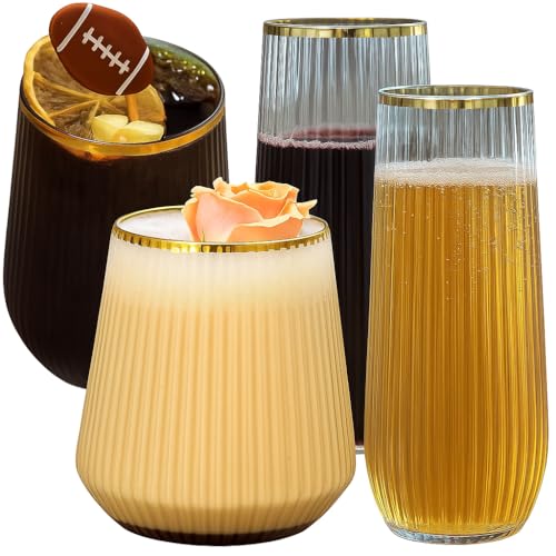 Oojami 48 Pack Plastic Champagne Flutes & Wine Glasses Set Gold Rim