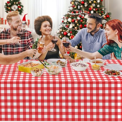 Childom 3 Pack Red and White Checkered Tablecloths 54"x108" Christmas Tablecloths for Rectangle,Disposable Plastic Table Cover for Weddings,Home,Birthday,Picnic,Buffet,Pizza Party,Racing Car Decors