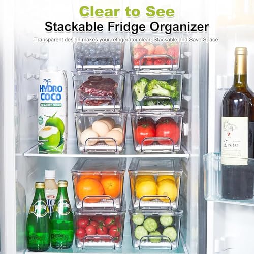 4-Pack Refrigerator Drawer Organizer Bins - Clear Stackable Fridge Storage with Drain Layer for Fruits Vegetables Snacks