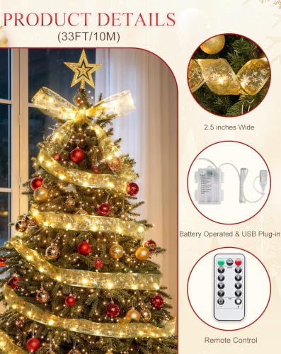 JMEXSUSS 33Ft 100 LED 2.5Inch Christmas Tree Ribbon Lights Remote