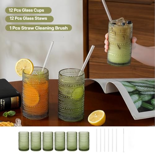 HEFBCOMK Set of 12 16oz Green Hobnail Drinking Glasses with Straws - Vintage Style, Durable Kitchen Water Cups for Cocktails, Juice, Whiskey, Milk