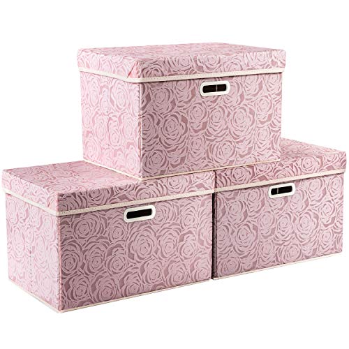 PRANDOM Large Foldable Pink Storage Boxes with Lids 3-Pack - 43x30x30cm