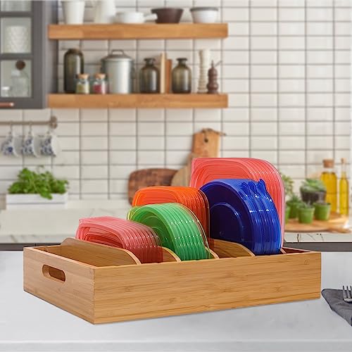 Bamboo Food Container Organizer with Adjustable Dividers - 2 Pack
