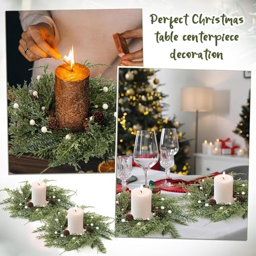 Farmhouse 12PCS Christmas Candle Ring Wreath Mini Pine Garland Frosted Cedar Pine Cones