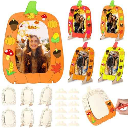 Geelin 6 Pack Fall DIY Wooden Pumpkin Picture Frames Craft Kits Pumpkin Photo Frame Ornaments for Thanksgiving Autumn Art Fall Craft Decoration for Home Classroom Activities Gift Party Favor (Fresh)