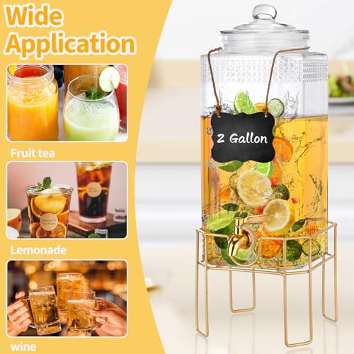 FUREEY 2 Gallon Beverage Dispenser with Stand, Glass Lid & Stainless Steel Spigot