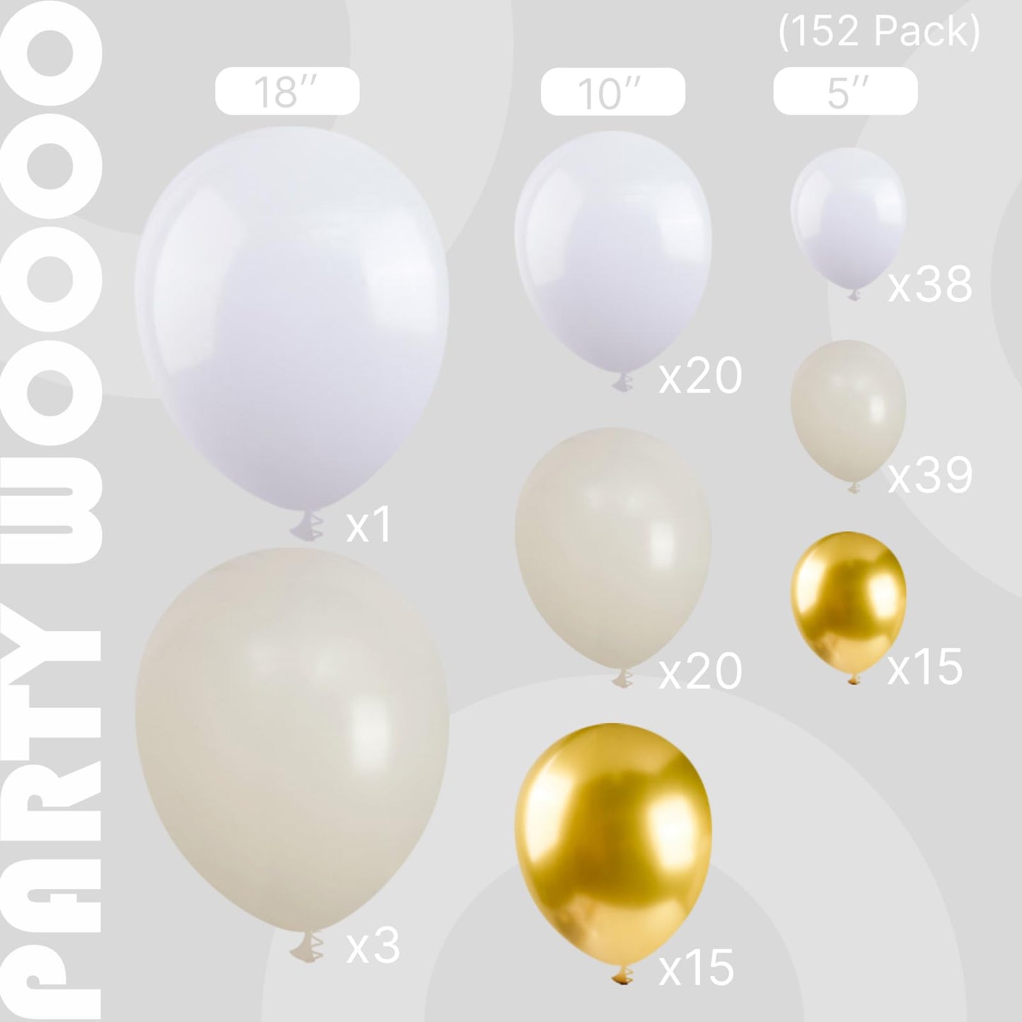 PartyWoo White and Gold Balloon Arch Kit Garland 152pcs Different Sizes of 18 12 10 5 Inch Off White Sand Metallic Gold Boho Balloons for Baby Shower Graduation Wedding Birthday Party Decorations