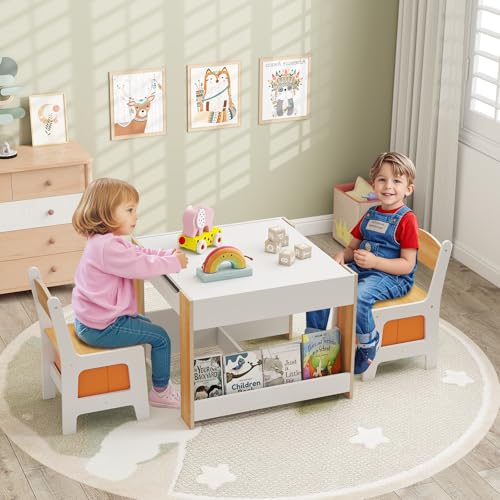 Kids Table and Chair Set with Building Block Tabletop - Natural