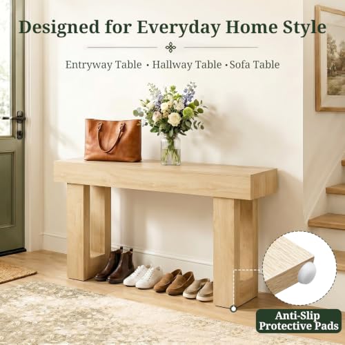 Natural Wood 63-Inch Farmhouse Console Table for Narrow Entryway & Living Room - Easy Assembly