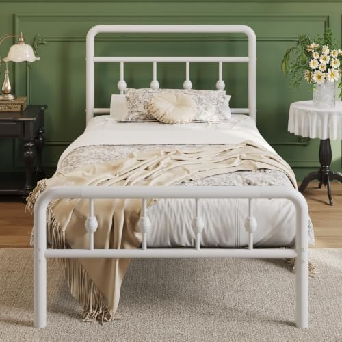 Twin XL Bed Frame with Headboard and Footboard - White Vintage Metal Design