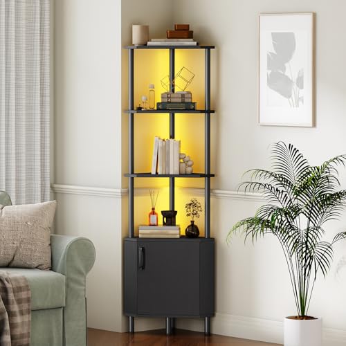 HOOBRO Black Corner Shelf Cabinet with LED Light, 5-Tier Industrial Storage
