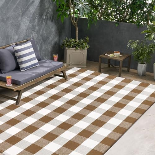 4' x 6' Buffalo Plaid Outdoor Rug - Brown & White Checkered Farmhouse Mat