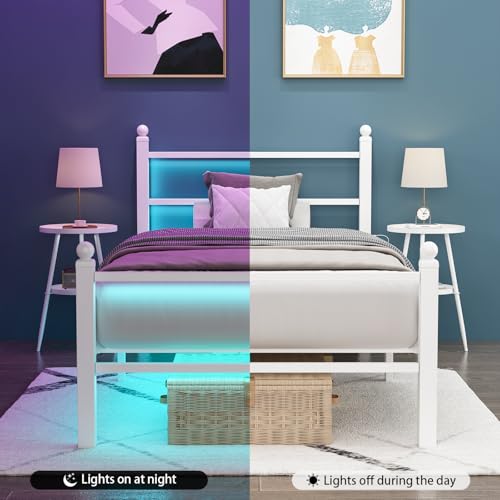 Twin Bed Frame with Headboard & Footboard - Off White, RGB LED Lights, USB Charging, Under Bed Storage - Twin Size Gohapnis