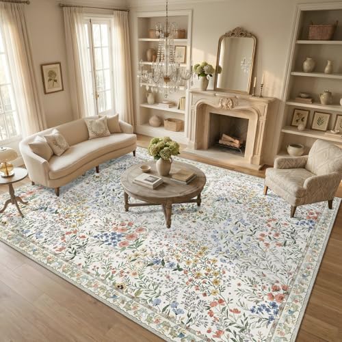 Beige Vintage Botanical Floral Rug 8x10 - Non Slip, Machine Washable, Living Room & Bedroom Carpet with Foldable Design