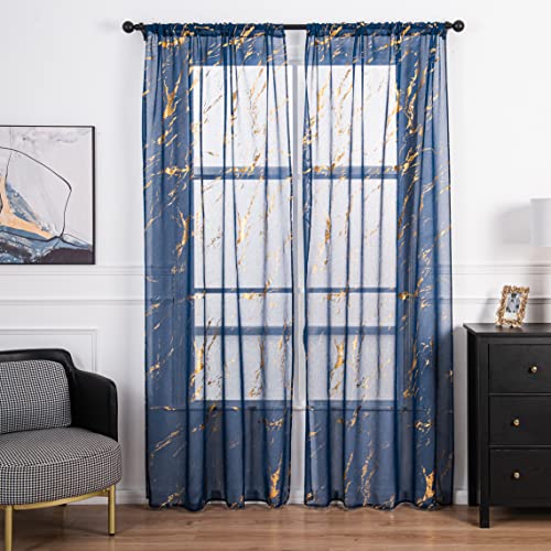 Sutuo Home Marble Sheer Curtains 108 Inch Long 2 Panels Set, Gold
