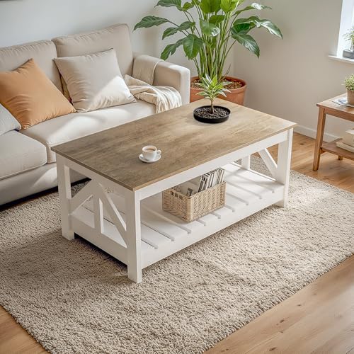 YESHOMY Farmhouse Coffee Table with Storage, Gray & White