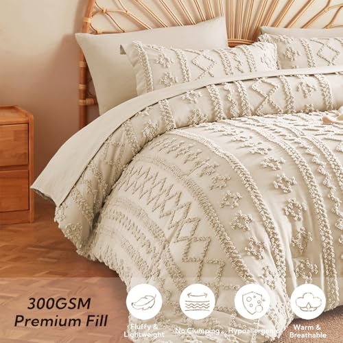 Queen Comforter Set 7 Pieces - Beige Boho Tufted Bedding with Microfiber
