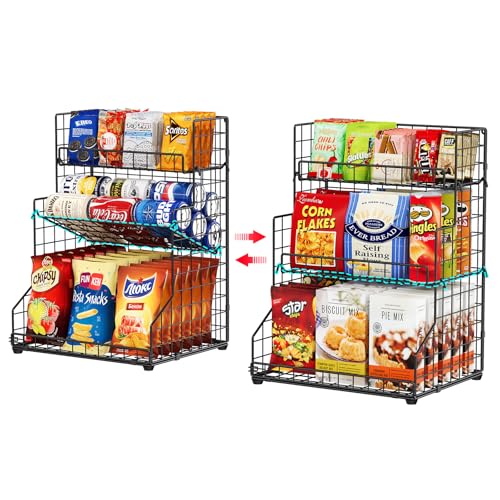 Black 3-Tier Snack Organizer Rack Bins with Adjustable Tilting for Pantry & Kitchen Storage