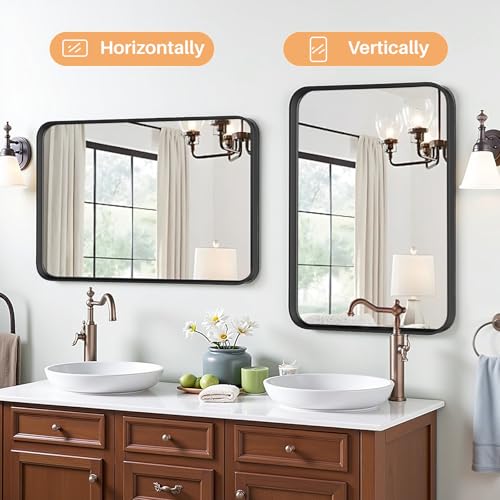 Modern 30x22 Inch Black Metal Framed Bathroom Mirror - Rounded Rectangle Wall Mirror with Anti-Rust Tempered Glass