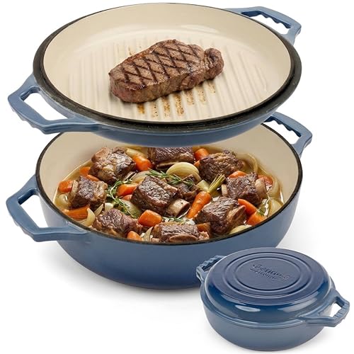 2-in-1 Enameled Cast Iron Braiser Pan with Grill Lid - 3.3-Quart